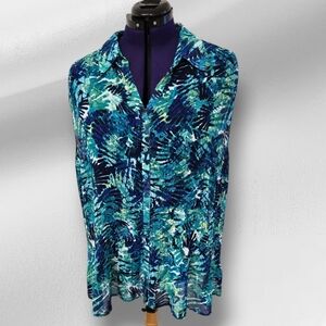 Vintage Fashion Bug Sleeveless Blouse Button Fron Blue Green Plus Size